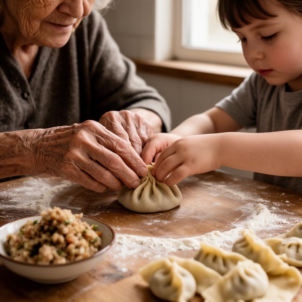 Adult hands guiding a child's hands as they fold homemade dumplings together