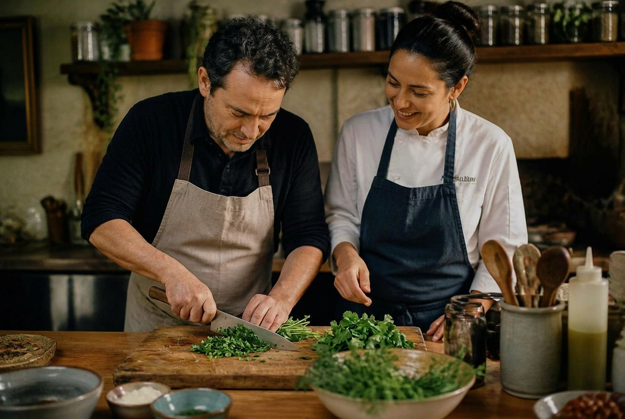 An adult learner kneading dough in a home-kitchen cooking class with a chef mentor guiding him