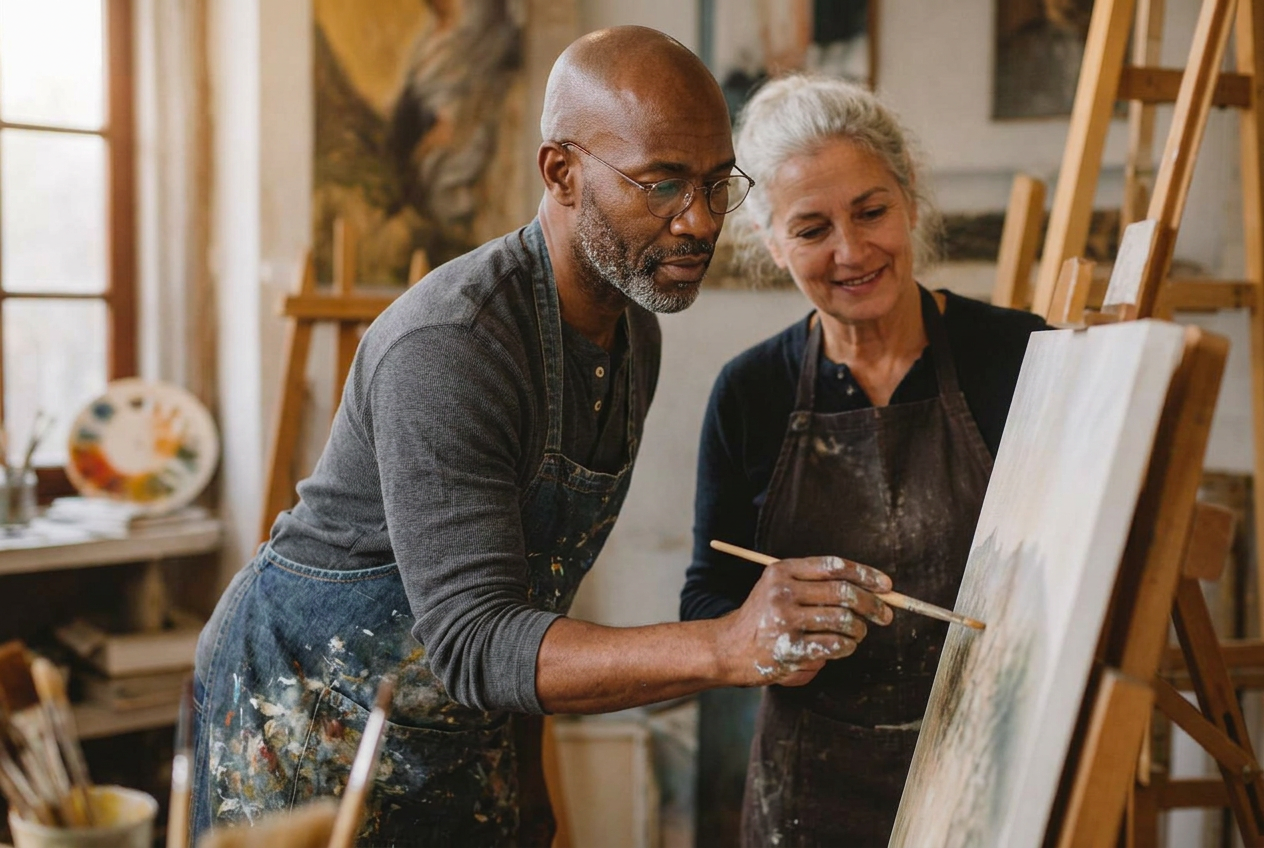 An adult learner painting on a canvas alongside a skilled mentor in a sunlit art studio
