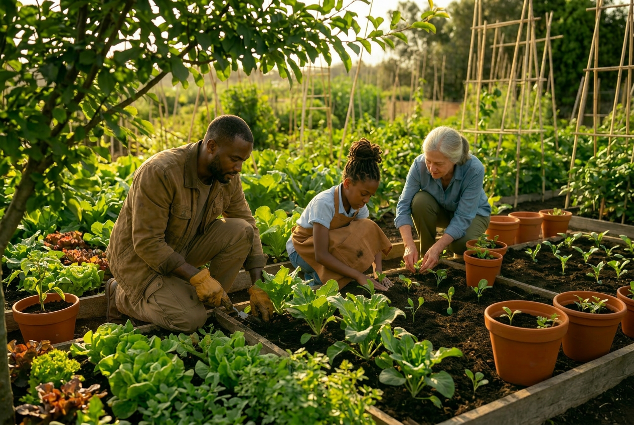 A woman and a pre-teen planting seedlings together in a vegetable garden