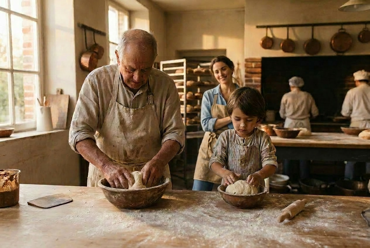 A baker and a child kneading bread dough together while the child's mom watches nearby at a wooden counter