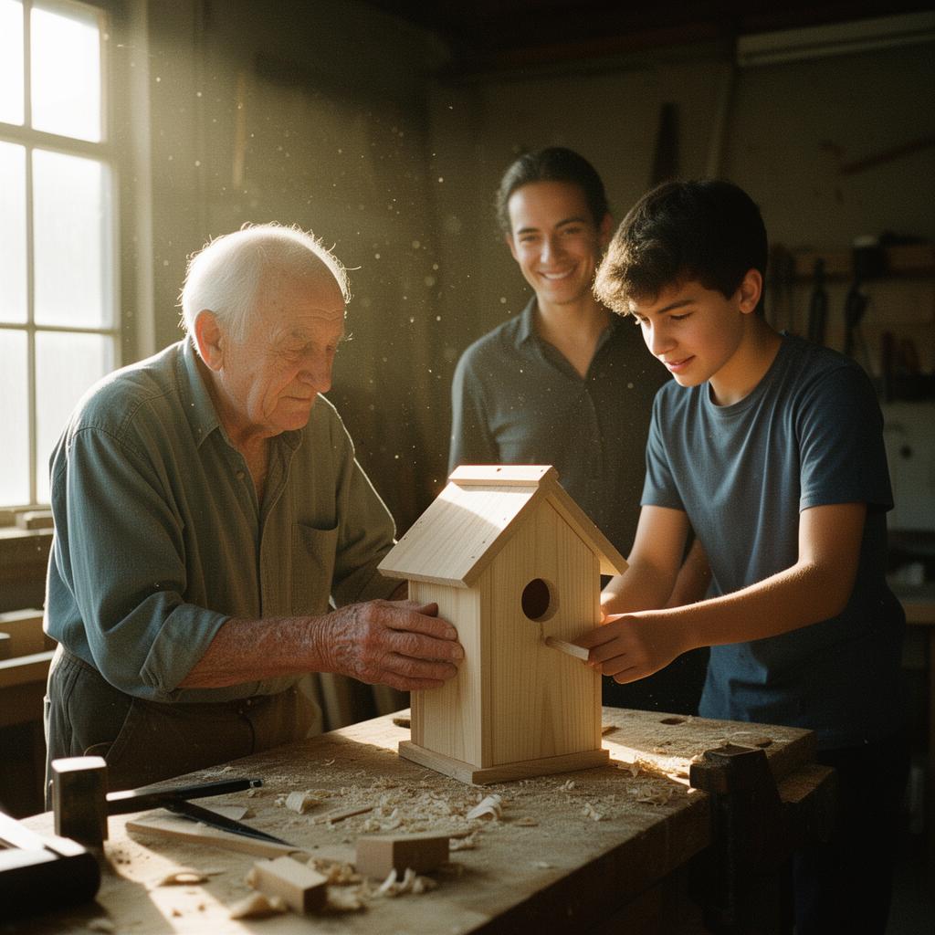 A woodworker and a teenager building a wooden birdhouse together while a parent watches nearby in a sunlit workshop