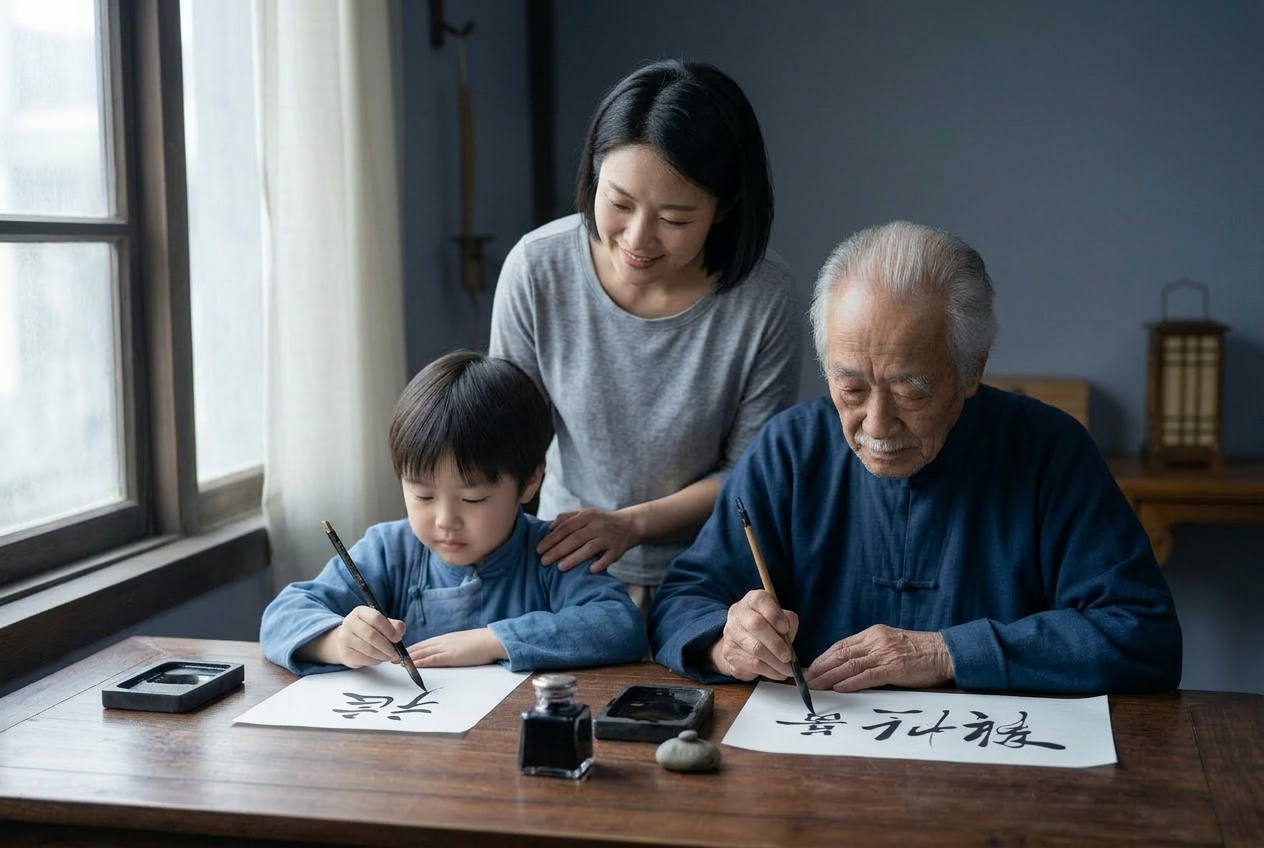 A mentor teaching a child calligraphy at a wooden desk
