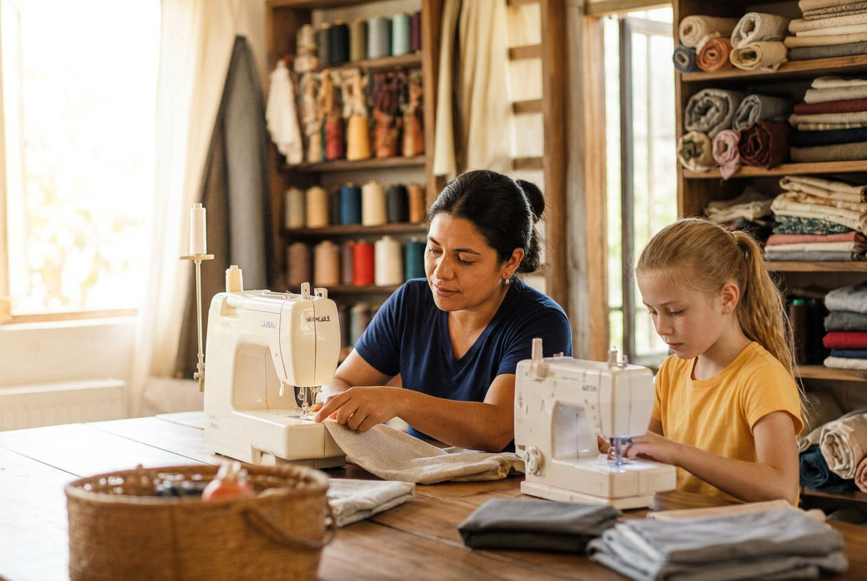 Maya, a seamstress in her early thirties, teaching sewing at her machine