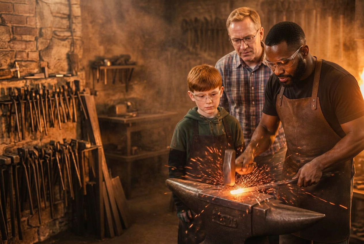 Jordan, a blacksmith in his late twenties, at the forge with sparks flying from the anvil