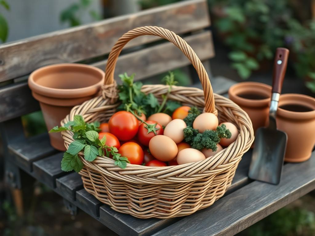A woven harvest basket of tomatoes, herbs, and eggs on a garden bench