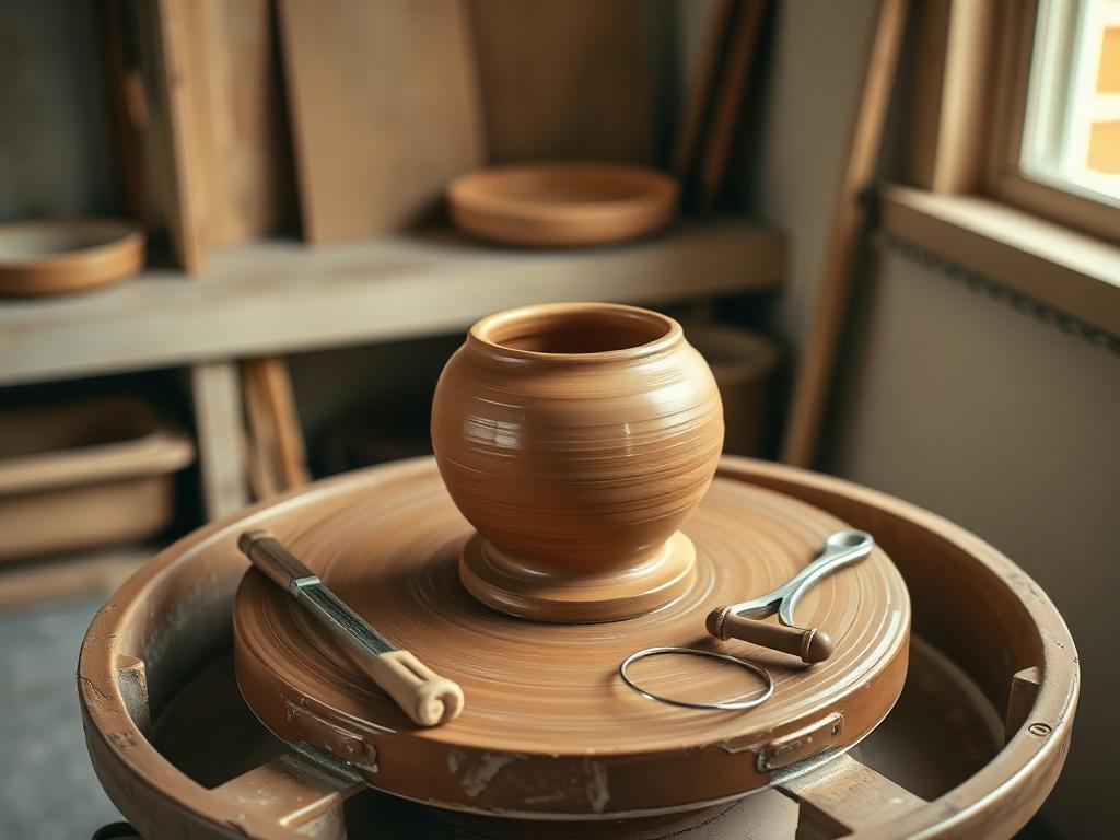 A freshly thrown terracotta vessel on a pottery wheel, tools resting beside it
