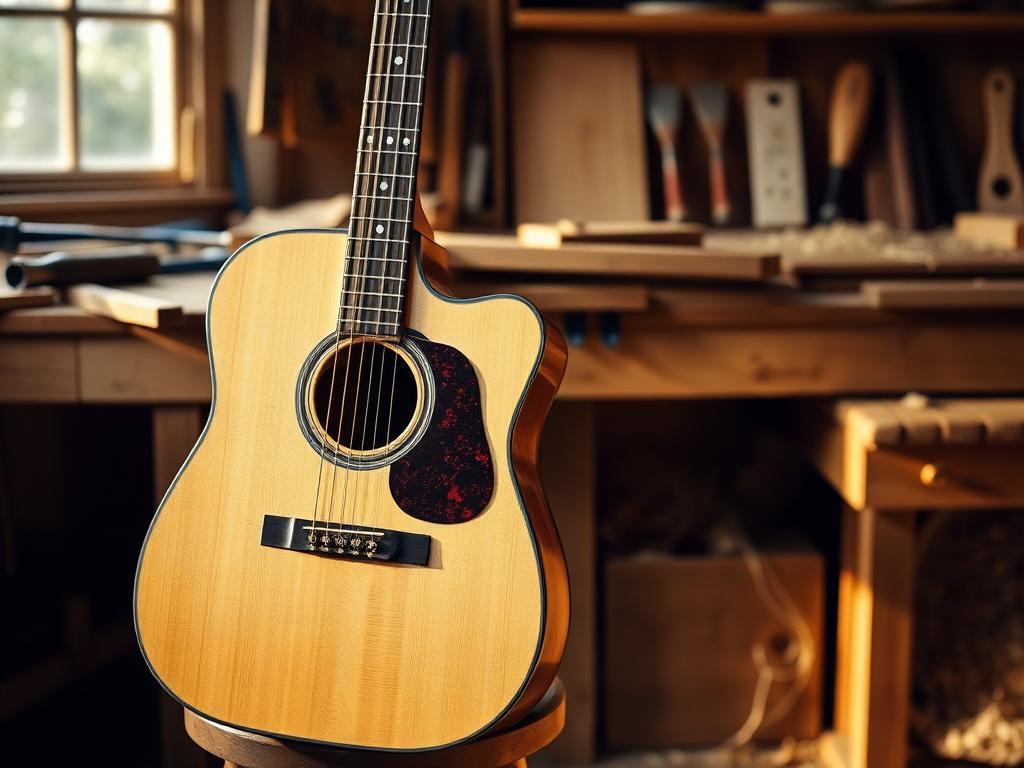 A handmade acoustic guitar leaning against a luthier's workshop stool