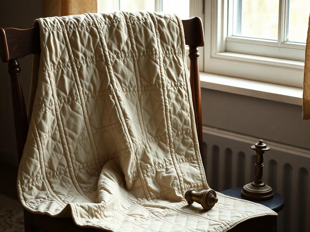A hand-quilted heirloom quilt draped over a wooden chair by a window
