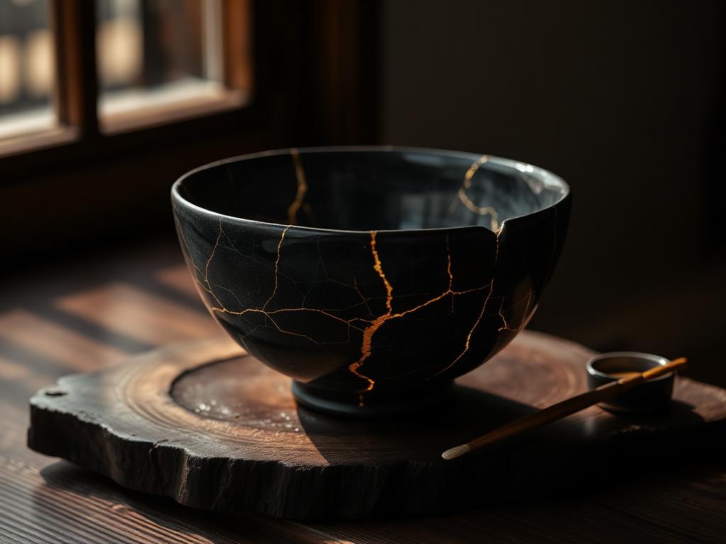 A ceramic bowl repaired with luminous gold kintsugi seams